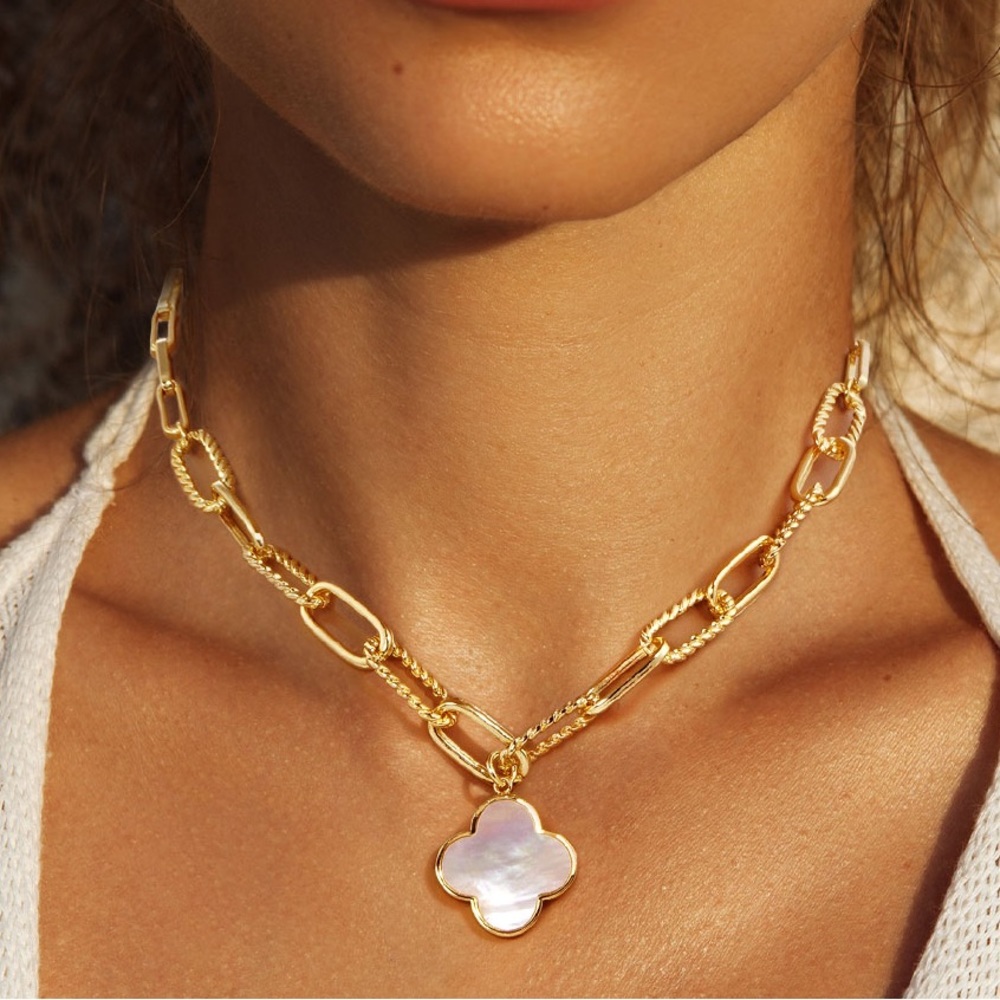 Gold Dipped Mother of Pearl Quatrefoil Pendant Necklace